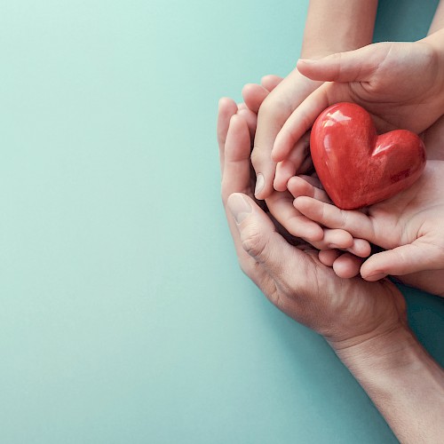 A family group of hands cradling a red wooden heart