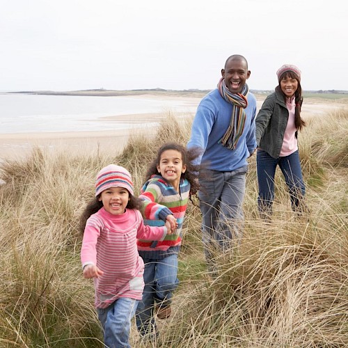 Multi ethnic family holding hands in a line and running through long, dry grass